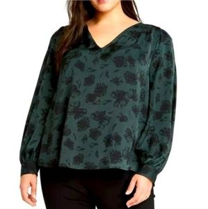 Ava & Viv V-neck black and green floral print button Cuff Blouse size 2X